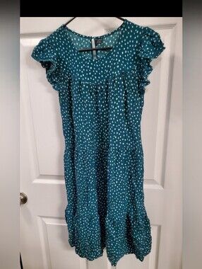 Shein Summer Polkadot Teal And White Ruffle Sleeve Dress MEDIUM
